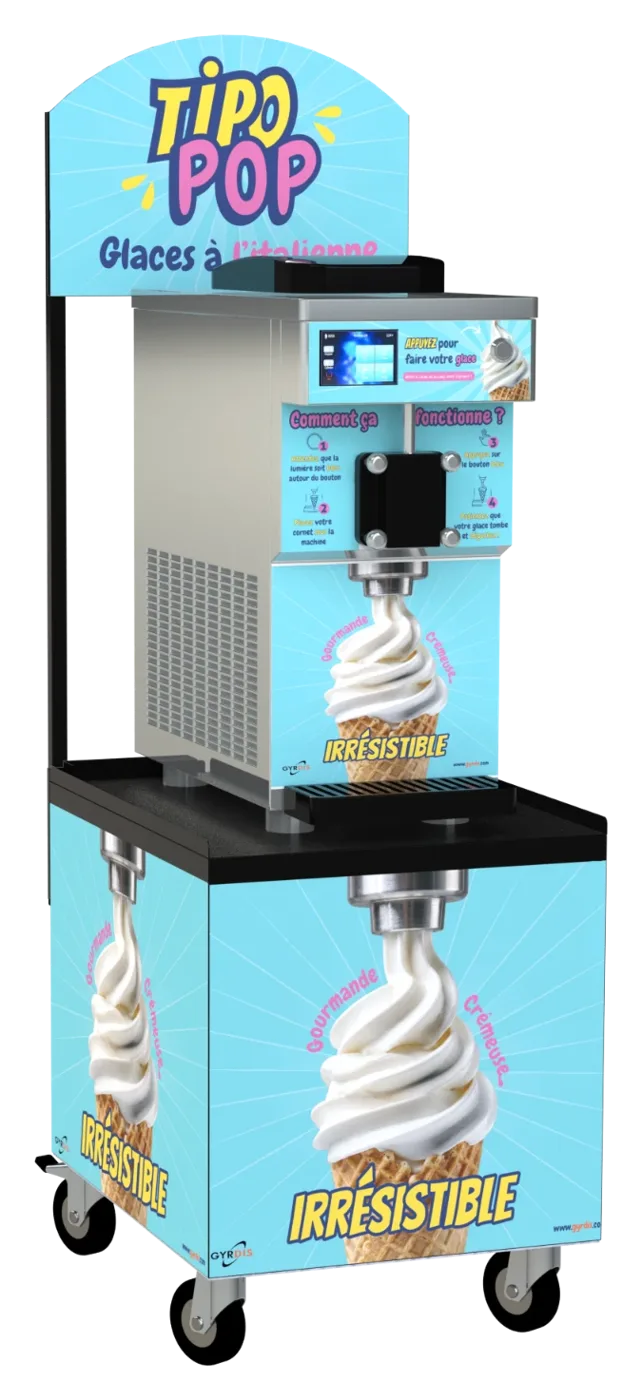 Machine à glace à l'italienne TIPO'POP en libre-service sur son meuble roulant